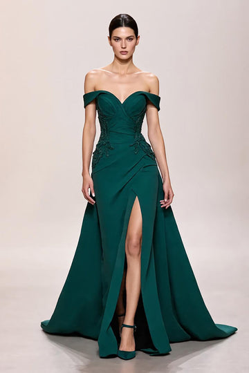 Green Satin A Line Long Formal Dress with Appliques